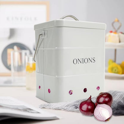 Onion Storage Bin, Metal Storage Tin with Aerating Holes - Kitchen Pantry Organizer, Fresh Keeper (White)