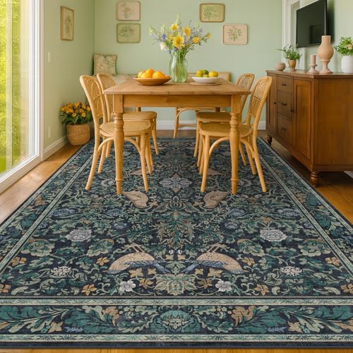 Blue Washable 7x9 Kitchen Rug for Floor, Boho Floral & Bird Pattern Living Room Area Rug, Low Pile Soft Farmhouse Bedroom Carpet, Cottagecore Home Décor, Non Slip & Stain Resistant