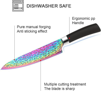 Rainbow Titanium Knife Set, Sharp Stainless Steel Knives Set with Acrylic Block,Sharpener, 6 Steak Knives, Cutlery Knife Block Set, Chef Quality for Home & Pro Use, Best Gift, Black Handle