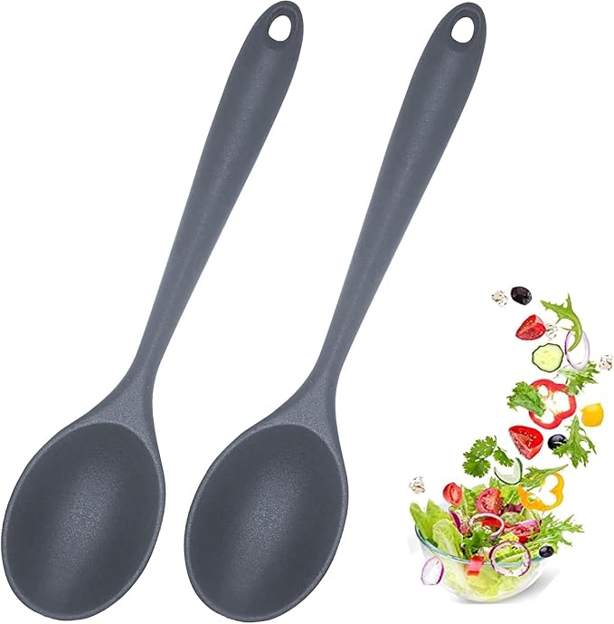 2 Pcs Silicone Nonstick Mixing Spoon,10.6Inch Silicone Spoons for Cooking Heat Resistant, Cooking Utensil for Kitchen Cooking Baking Stirring Serving (Grey)