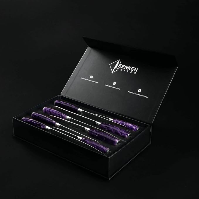 SENKEN 8-Piece Japanese Knife Set with Purple Resin Handle and Laser Damascus Pattern - Amethyst Collection - Chef's Knife, Cleaver, Santoku, Paring Knife, & More (Amethyst Purple)