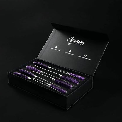 SENKEN 8-Piece Japanese Knife Set with Purple Resin Handle and Laser Damascus Pattern - Amethyst Collection - Chef's Knife, Cleaver, Santoku, Paring Knife, & More (Amethyst Purple)