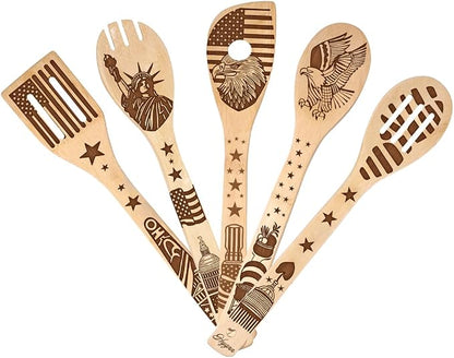 Make American Great Again! American Flag Iconic Architecture Gift Idea Cooking Serving Utensils Natural Bamboo Kitchen House Warming Presents Slotted Wooden Spoons for Cooking Utensils Set of 5…