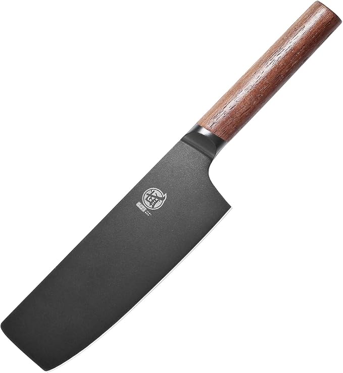 MITSUMOTO SAKARI 7-Inch Japanese Nakiri Knife, Black Titanium Coated | Flat Nakiri edge for vegetable push cuts, black titanium coating, German alloy steel, walnut handle