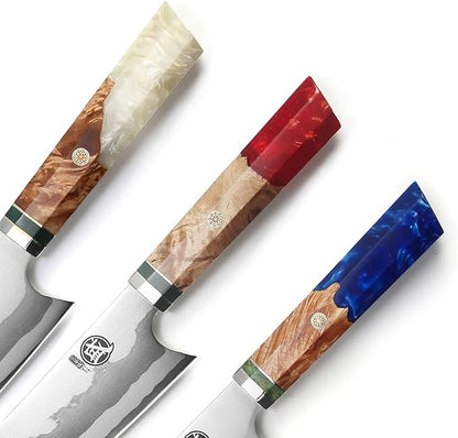 MITSUMOTO SAKARI 8-Inch Kiritsuke Chef Knife, 440C Damascus, White Handle | Angled tip and long flat edge for meat, fish and vegetables, 440C Damascus, white pomegranate handle, sandalwood box