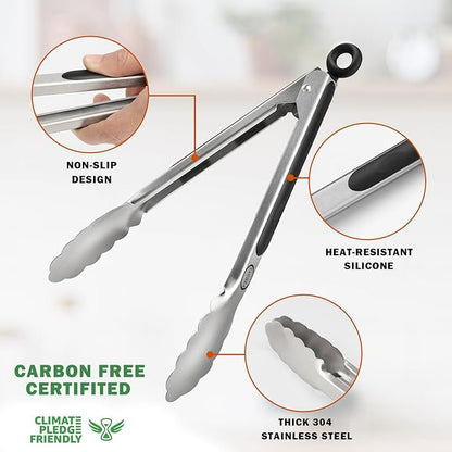 TACGEA Stainless Steel Kitchen Tongs, Silicone Non-slip Grip, Locking Grilling Food Tongs Set of 2, 9-inch & 12-inch