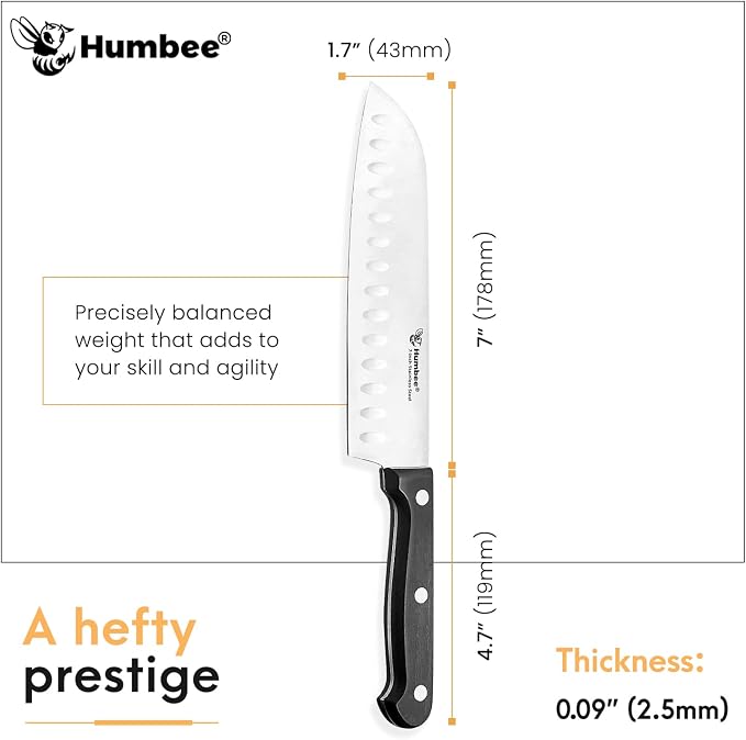 7-Inch Chef Knife Santoku – Full Tang Razor-Sharp High Carbon Stainless Steel Blade – Hollow Grind Edge – Ergonomic Grip Handle – Professional Kitchen Knife, Black