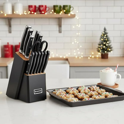 Black Knife Set, 15-Piece Knife Block Set with Built-in Sharpener Scissors for Kitchen, Dishwasher Safe Knives set Ideal Present for Family & Restaurant