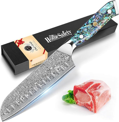 Home Safety Damascus Santoku Knife, 18cm Chef's Knifes Made of 67 Layers of VG-10 Damascus Steel, Full Tang Razor Sharp Kitchen Knife with Ergonomic Abalone Shell Handle, Gift Box