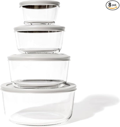 8-Piece Glass Food Storage Containers Set (4 Containers + 4 Lids) | Round, Nesting, Microwave & Dishwasher Safe | BPA-Free, Space-Saving | Grey Lids for Pantry & Kitchen Organization, Grey