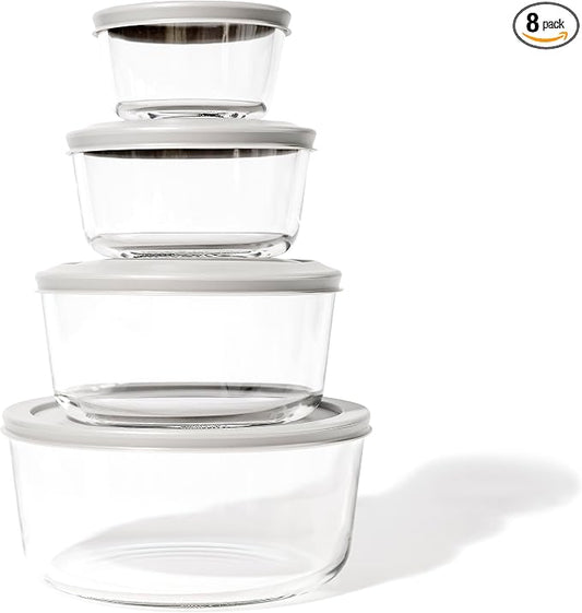 8-Piece Glass Food Storage Containers Set (4 Containers + 4 Lids) | Round, Nesting, Microwave & Dishwasher Safe | BPA-Free, Space-Saving | Grey Lids for Pantry & Kitchen Organization, Grey