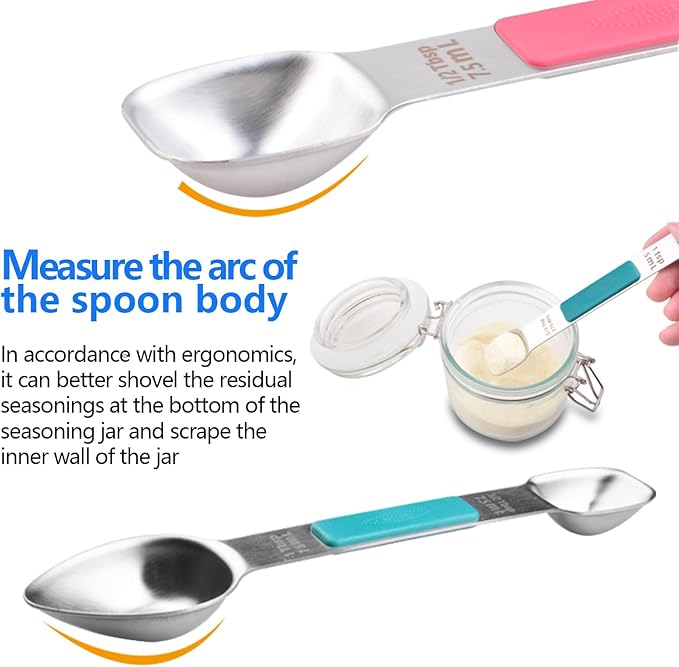 Stainless Steel Magnetic Measuring Spoons Set, Heavy Duty Metal Kitchen Gadgets for Baking & Cooking, Fits in Most Kitchen Spice Jars, Set of 4 with Leveler (Multicolor)