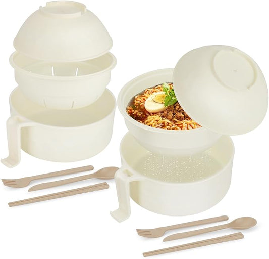 Ramen Bowl Set of 2, Ramen Cooker 33 oz, Ramen Bowls with Chopsticks and Spoon, Microwave Pasta Cooker, Ramen Bowl Microwave Gift College Dorm Essentials for Girls Guys (White)