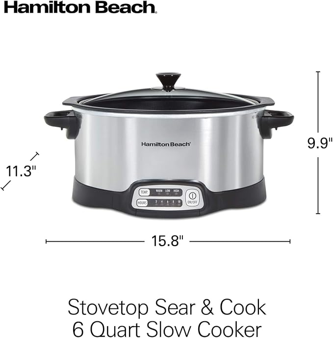 Hamilton Beach 33662 Programmable Slow Cooker with 6 Quart Stovetop-Safe Sear & Cook Crock, Silver