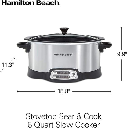 Hamilton Beach 33662 Programmable Slow Cooker with 6 Quart Stovetop-Safe Sear & Cook Crock, Silver