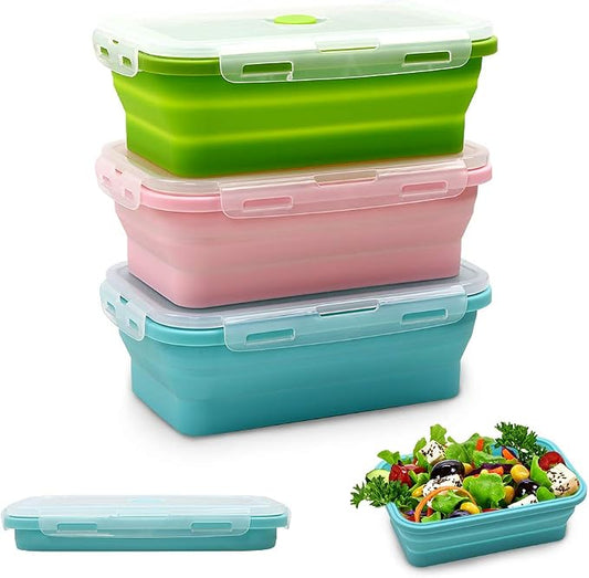 Alimat PluS Silicone Food Storage Containers with Lids, 3 Pack Set 27oz(800ml) Collapsible Meal Prep Lunch Containers, Microwave, Freezer and Dishwasher Safe