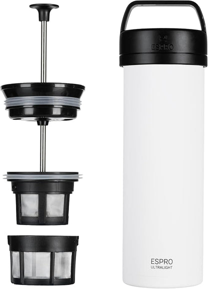 ESPRO Go P0 Ultralight French Press Coffee Maker for Travel, Vacuum Insulated Stainless Steel, 16 Ounces, Chalk White