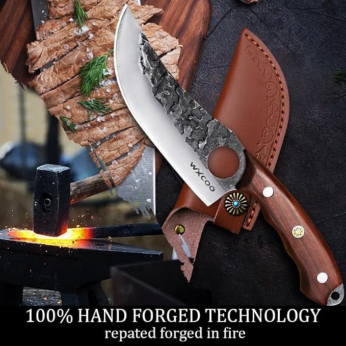 Hand Forged Hunting Knife with Leather Sheath High Carbon Steel Full Tang Butcher Boning Knife for Camping Hiking Fishing BBQ Single Blade Outdoor Cleaver for Meat Cutting and Game Processing