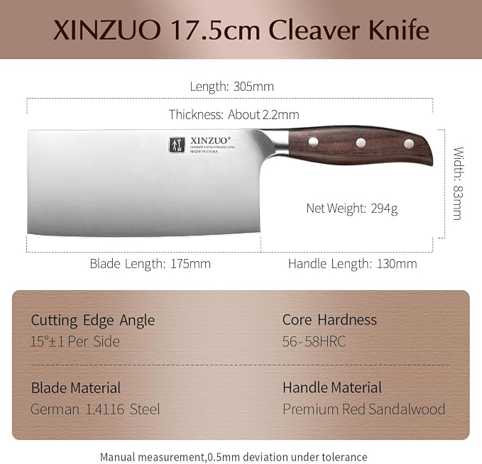 XINZUO Meat Cleaver Knife, 7 Inches German Stainless Steel Chef Cleaver Knife,Vegetable Meat Cleaver,Multifunction Chopper Butcher Knife,Chinese Chef Knife, Ultra Sharp, Red Sandalwood Handle
