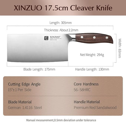 XINZUO Meat Cleaver Knife, 7 Inches German Stainless Steel Chef Cleaver Knife,Vegetable Meat Cleaver,Multifunction Chopper Butcher Knife,Chinese Chef Knife, Ultra Sharp, Red Sandalwood Handle