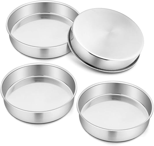 P&P CHEF 9.5 Inch Cake Pan Set of 4, Stainless Steel Baking Round Cake Pans Tins Bakeware for Birthday Wedding, Leak-proof & Easy Clean, Mirror Finish & Easy Releasing