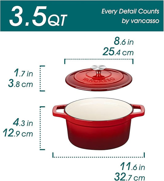 vancasso Enameled Cast Iron Dutch Oven, 3.5 QT Small Dutch Oven with Lid and Dual Handles, Round Enamel Dutch Oven Pot for Cooking, Red