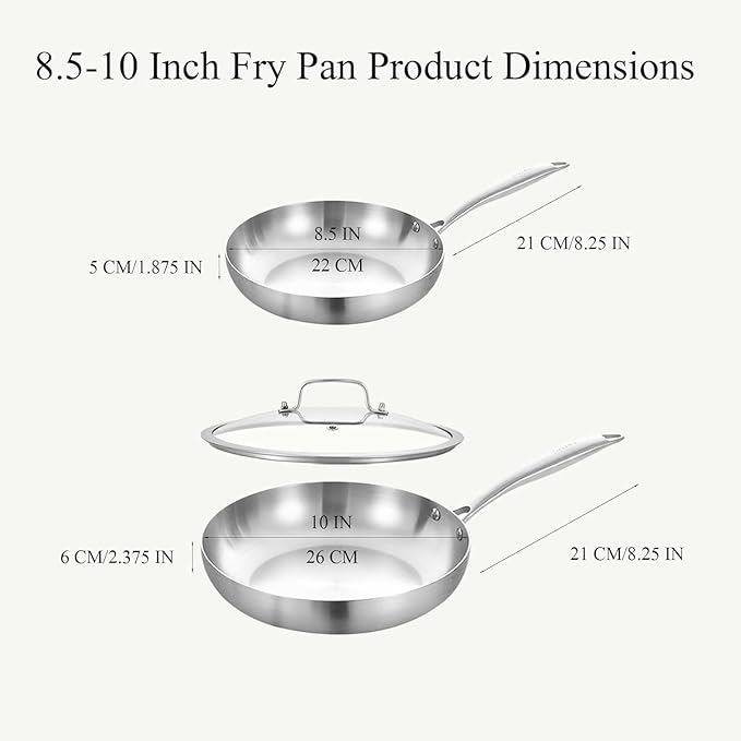 Inqibee 8.5-10 Inch Tri-Ply Stainless Steel Frying Pans with Lid, Small Sauté Pan Set, Skillets, Induction Cooking Pan, Pots and Pans Set Heavy Duty and Oven Safe