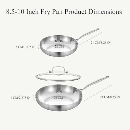Inqibee 8.5-10 Inch Tri-Ply Stainless Steel Frying Pans with Lid, Small Sauté Pan Set, Skillets, Induction Cooking Pan, Pots and Pans Set Heavy Duty and Oven Safe