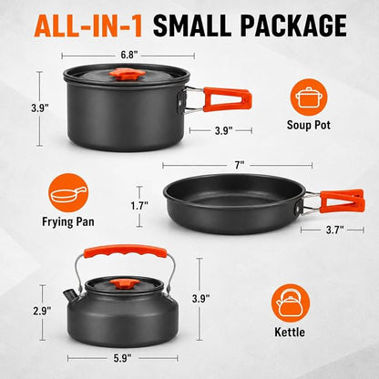 18Pcs Camping Cookware Mess Kit, Non-Stick Lightweight Camping Pots and Pans with 1.1L Kettle, 2 Set Stainless Steel Cups Plates Forks Knives Spoons for Backpacking, Hiking, Outdoor Cooking