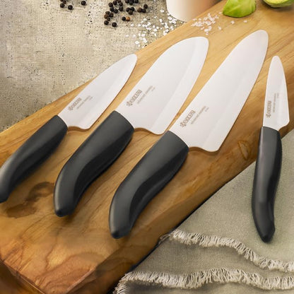 Kyocera’s Revolution 4-Piece Ceramic Knife Set: Ceramic Chef Knife For Your Cooking Needs, 7" Chef's Santoku, 5.5" Santoku, 4.5" Utility & 3" Paring Knives, Black/White