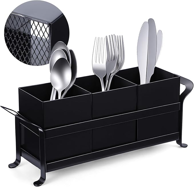 Cutlery Holder, Silverware Caddy Organizer Bin Holder - 3 Compartment Metal Utensil Tray with Drain Holes & Handle for Kitchen Countertop, Dining Table, Parties - Black