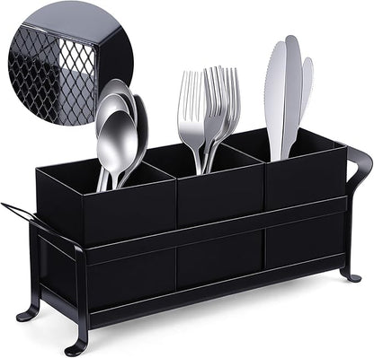 Cutlery Holder, Silverware Caddy Organizer Bin Holder - 3 Compartment Metal Utensil Tray with Drain Holes & Handle for Kitchen Countertop, Dining Table, Parties - Black