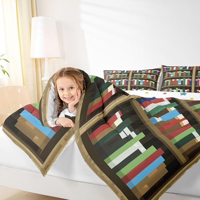 Manfei Pixel Bookshelf Kids Comforter Set,Pixelated Bookcase Vedio Game Bedding Set All Season,Books Modern Building Games Comforter 2 Pcs with 1 Pillowcase,Toddler Size