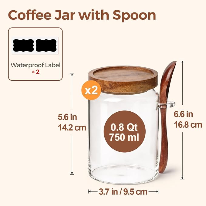 ComSaf of 2(0.8Qt) Glass Coffee Canister, Airtight Coffee Container with Spoon for Coffee Lovers to Store Whole Beans or Grounds, Coffee Jar Organize Coffee Bar & Office Tabletop