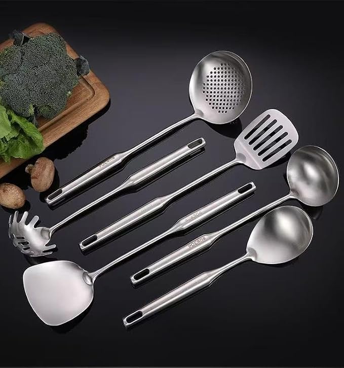 Premium 7-Piece Gold Kitchen Utensil Set with Stand, Stainless Steel Cooking Tools- Dishwasher Safe Ladle, Spoon, Spatula, Pasta Fork, Luxury Brass Kitchen Accessories for Home Chefs (silvery)