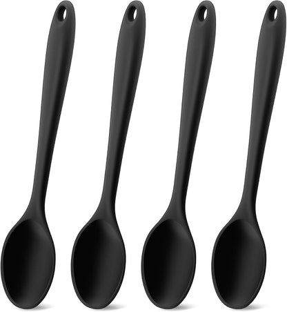 Silicone Spoons for Cooking, 4 Pcs Large Serving Spoons 10.8" Nonstick Heat Resistant Cooking Spoons Utensils Mixing Kitchen Spoon for Cooking, Baking, Serving, Mixing and Stirring, Black