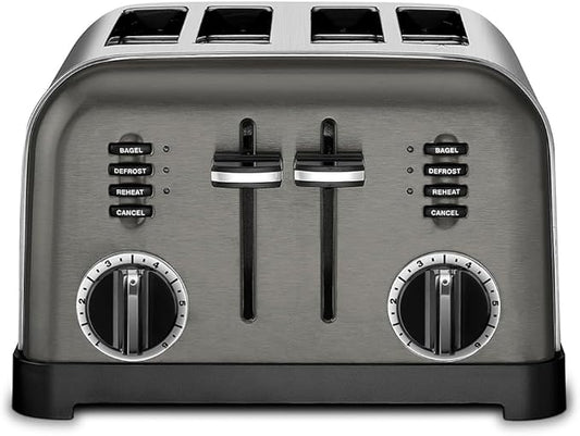 Cuisinart 4 Slice Toaster, Compact Stainless Steel Toaster with Extra-Wide Slots for Toasting Bread, French Toast, Bagels and Pastries, Defrost & Reheat Functions, CPT-180BKSP1, Black/Stainless Steel