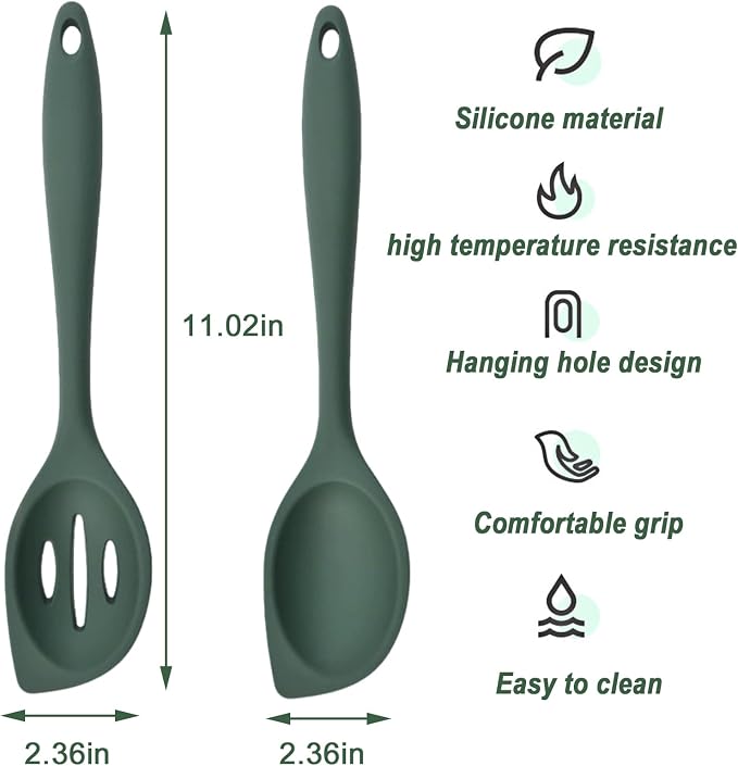 Silicone Cooking Spoons Set of 2, Heat-Resistant & Dishwasher Safe - Slotted and Solid Kitchen Spoons for Mixing, Serving, Stirring, Skimming