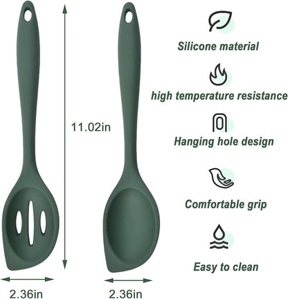 Silicone Cooking Spoons Set of 2, Heat-Resistant & Dishwasher Safe - Slotted and Solid Kitchen Spoons for Mixing, Serving, Stirring, Skimming