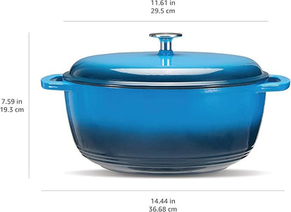 Basics Enameled Cast Iron Dutch Oven Pot with Lid, Round, Dual Handles, Heavy-Duty, Oven Safe for Stews, Roasting, Baking, 7.3-Quart, Blue