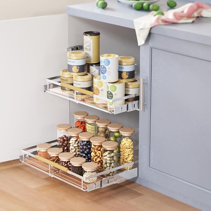 Pull Out Cabinet Organizer 2Pack, Heavy Duty Slide Out Pantry Shelves, Sliding Drawer Pantry Shelf for Kitchen, Living Room, Home, 14.16''-24.16''W x 17.3''D