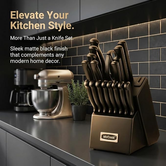 McCook® Premium Black Knife Sets,German Stainless Steel Kitchen Knives Block Set with Built-in Sharpener, 20-Piece Razor-Sharp Kitchen Knives with Ergonomic Handles, Elegant Box for Gift, Black