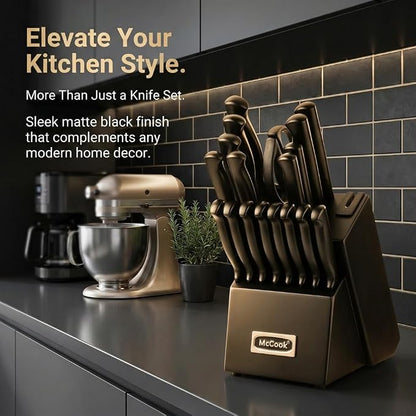 McCook® Premium Black Knife Sets,German Stainless Steel Kitchen Knives Block Set with Built-in Sharpener, 20-Piece Razor-Sharp Kitchen Knives with Ergonomic Handles, Elegant Box for Gift, Black