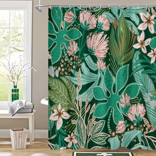 Boho Floral Shower Curtain, Dark Emerald Botanical Fabric Curtain, 72 x 84