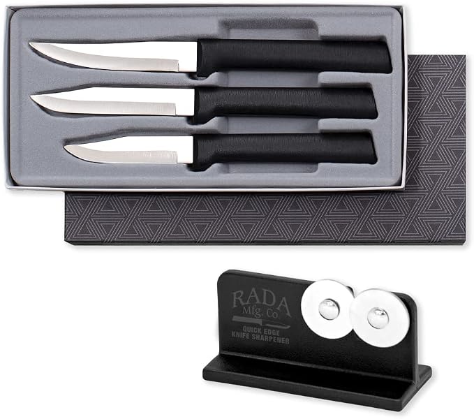 Rada Cutlery Paring Knife Galore Gift Set (G201) with Quick Edge Sharpener (R119), 3-Piece Knife Set and Knife Sharpener, Stainless Steel Blades, Black Handle