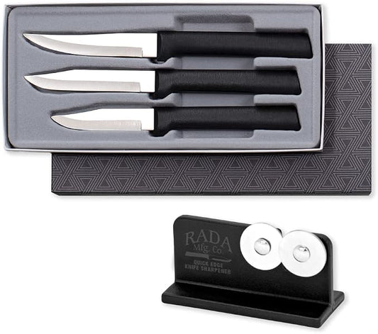 Rada Cutlery Paring Knife Galore Gift Set (G201) with Quick Edge Sharpener (R119), 3-Piece Knife Set and Knife Sharpener, Stainless Steel Blades, Black Handle