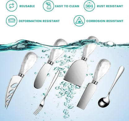 Marble Ceramics Charcuterie Accessories, Cheese Spreader Knive Set for Ceramics Silver Handle Butter knives, Mini Cheese Knife Kit Slicer With Tongs, Spoons, Forks,Honey Dipper (23 Pack)