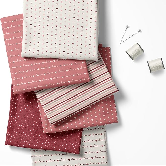 Valentine Patchwork Fabric Panel 100x155 cm – 100% Cotton Satin, 6 Coordinated Heart, Love Script, Dot & Stripe Prints on One Continuous Sheet (Love Story, 6pcs 50x50cm)