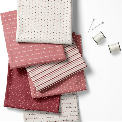 Valentine Patchwork Fabric Panel 100x155 cm – 100% Cotton Satin, 6 Coordinated Heart, Love Script, Dot & Stripe Prints on One Continuous Sheet (Love Story, 6pcs 50x50cm)