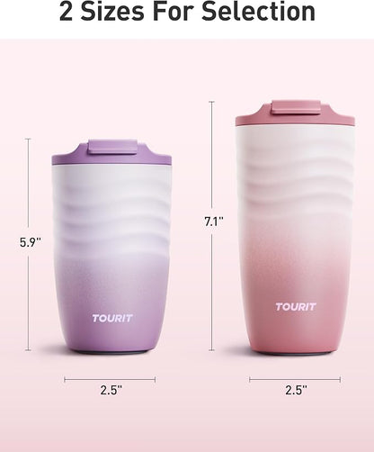 TOURIT 16 oz Travel Coffee Mug, Vacuum Insulated Stainless Steel Tumbler with Ripple-Wave Anti-Slip Grip, Built-in Silicone Bottom for Quiet & Stable, Leak-Proof Lid, Fits Car Cup Holder, Ocean Mist